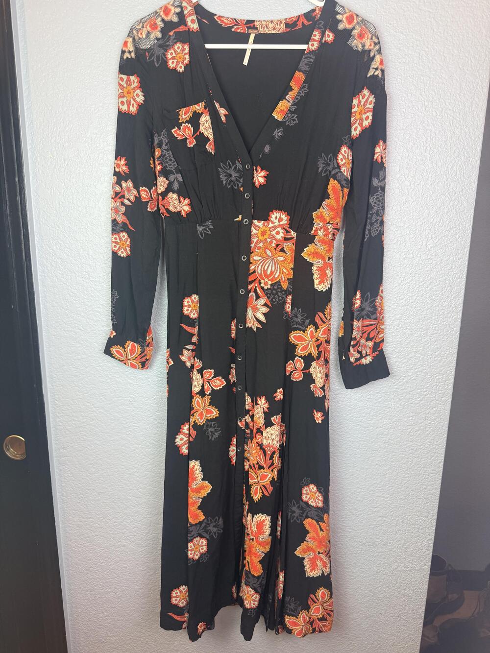 Free People Dress Womens 2 Black Floral Button Maxi Boho Long Sleeve Embroidered